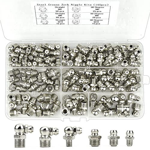 BIGP 145 Piezas Surtido de engrasadores, Kit de Surtido de Accesorios de Engrasador engrasador Accesorios de Boquilla Boquilla de engrase Rectas y en ángulo de 90° M6 M8 M10 Cover