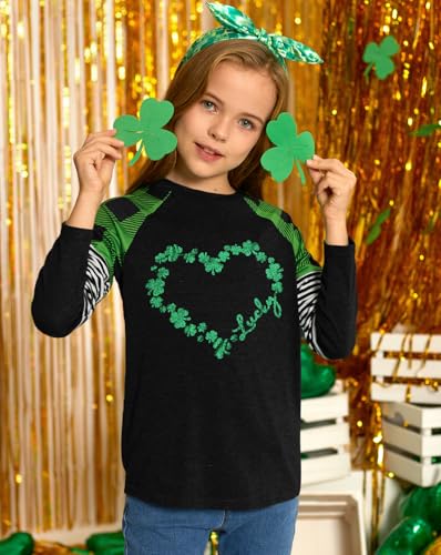 Image of BesserBay Girls St Patrick's Day Raglan Shirt Irish Sequin Lucky Stripe Shamrock Graphic Top 4-14 Years