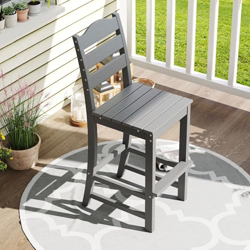 Image of Tangkula Patio HDPE Barstool, Outdoor High Top Bar Chair w /Backrest & Footrest, All-Weather Wood-Plastic Bar Height Chair for Poolside, Backyard, Porch (2, Grey)