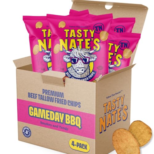 Image of Tasty Nate's Beef Tallow Potato Chips - Game Day BBQ Flavor Kettle Chips Fried in 100% Beef Tallow Seed Oil Free - Gluten Free Healthy Snacks Paleo Friendly 7oz Bag - Pack of 4