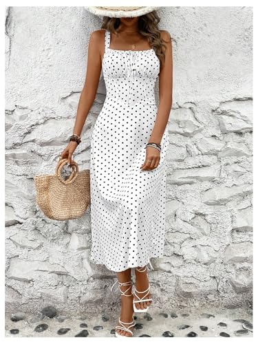 Floerns Women's Polka Dots Square Neck Tank Dress Ruched Bust Knot A Line Midi Dresses4