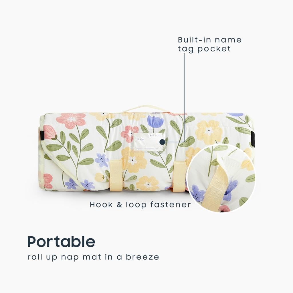 Wake In Cloud - Cot Nap Mat with Pillow and Blanket, for Toddler Kids Girls Ages 3 Plus in Daycare Kindergarten Preschool with Elastic Corner Straps, Floral Botanical Flowers