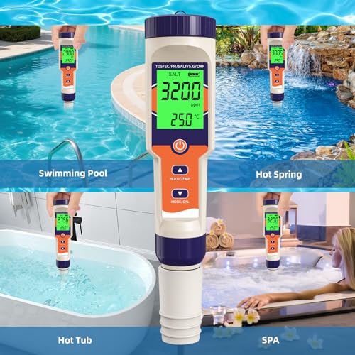 Image of 7-in-1 Digital Pool Salt Tester | pH, ORP, Salinity, TDS, EC, Temperature Meter, For Saltwater Pools, Hot Tubs, Spas, Aquariums, Hydroponics