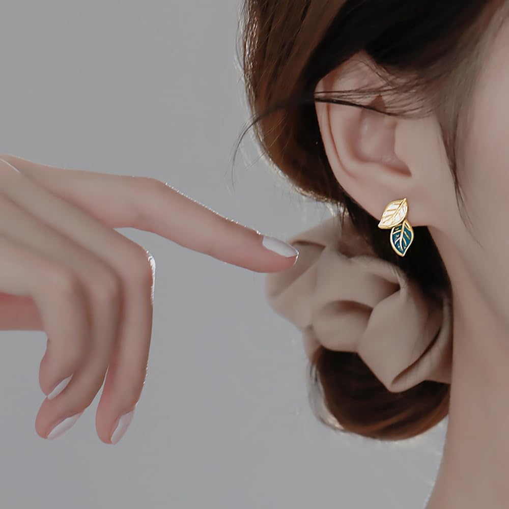 Reffeer Solid 925 Sterling Silver Small Leaf Stud Earrings for Women Teen Girls Blue Leaf Stud Earrings Spring - Image 2