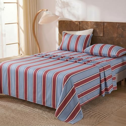 Image of Merryword 100% Cotton Sheet Set Full Size - Burgundy and Blue Striped Bedding, Soft Breathable Percale Weave, Deep Pocket Fitted Sheet 17.5 inch, Luxury & Silky Soft Sheet Set for All Seasons