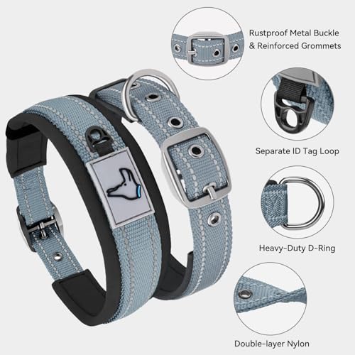 Image of Joytale Dog Collar for Large Dogs, Neoprene Padded and Adjustable, Reflective Wide Heavy Duty Pet Collars with Durable Metal Belt Buckle for Walking, Gray, L