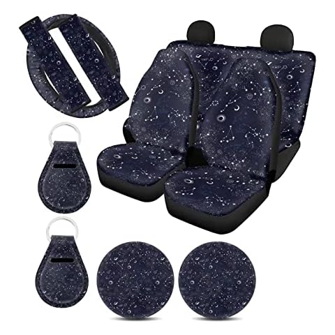 Xoenoiee 11 Pcs Celestial Moon Stars Print Car Accessories Full Set for Women, Universal Front Car Seat Cover, Back Bench Seat Cover, Steering Wheel Covers, Seat Belt Pads, Cars Coaster, Key Chains Cover