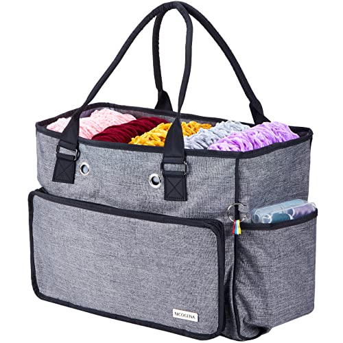 Nicogena Knitting Bag, Portable Yarn Storage Tote For Yarn Skeins And Accessories Tangle Free With 4 Oversized Grommets, Gray #TOP28