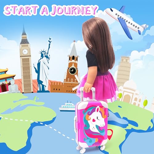 HAPGFS American 18 Inch Doll Accessories Travel Set Including Suitcase Luggage and Dress, Camera Computer Phone Neck Pillow Sunglasses Dolls Travel Gear Play Set Gift for Birthday (NO Doll)