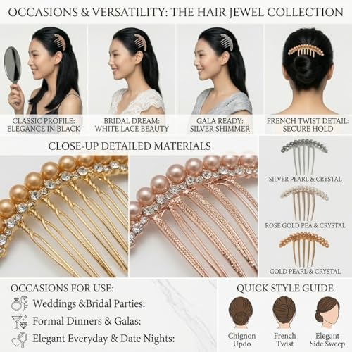 Image of 3 Pack Premium Hair Comb Clips (Gold, Silver, Rose Gold) | Hand-Set Pearls & Crystals | Elegant French Twist Updo Accessories for Weddings, Galas & Professional Wear with storage box