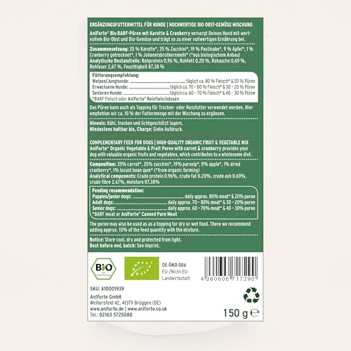 AniForte Barf-Püree - Bio Obst & Gemüse für Hunde 3er Set (3x150 g) - Futter-Topping zum Barfen, natürliche Barf Ergänzung