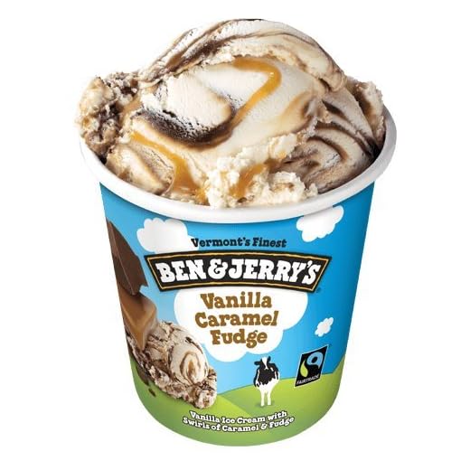 Ben & Jerry's - Vermont's Finest Ice Cream, Non-GMO - Fairtrade - Cage-Free Eggs - Caring Dairy - Responsibly Sourced Packaging, Vanilla Caramel Fudge, Pint (8 Count)