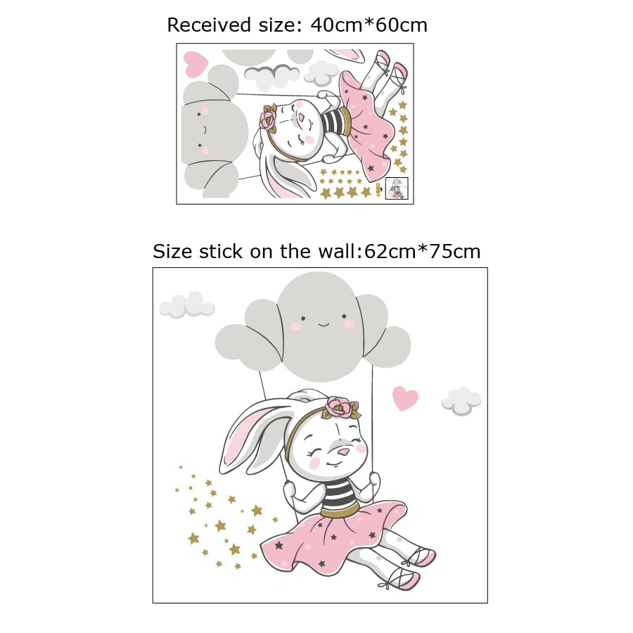 Image of Vinyl Cute Bunny Swing On Cloud Kids Peel and Stick Wall Stickers - Nursery, Baby Room, Bedroom, Living Room, Door, Study - Boho Wall Decoration, 60 x 1 cm, Stars Wall Decals for Baby Boy