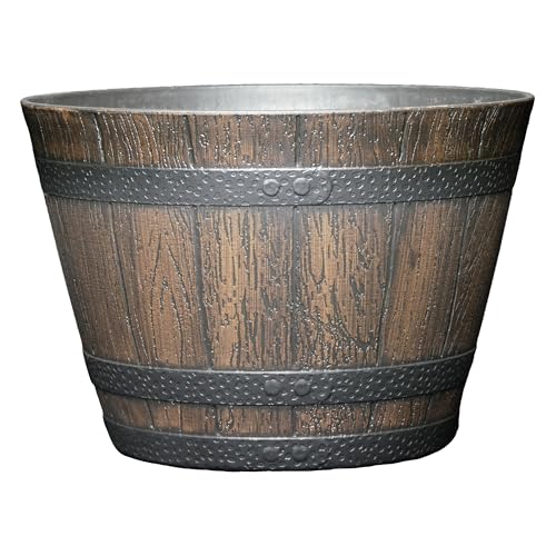 Classic Home & Garden Whiskey Barrel Planters - Wood Finish Flower Planter Pot - Decorative Garden Pots - Indoor & Outdoor Resin Planters - Weather-Resistant Planting Pots (9