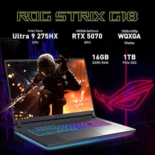 Image of ASUS ROG Strix G18 18 inch WQXGA 240Hz Gaming Laptop, Intel Ultra 9-275HX, NVIDIA GeForce RTX 5070 GDDR7, 16GB DDR5, 2TB Storage (1TB SSD+1TB Docking Station), RGB Backlit Keyboard, Wi-Fi 7, Win 11, Gray