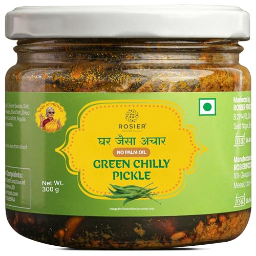 Rosier Homemade Green Chilli Pickle 300g | 30-Day Naturally Fermented Hari Mirch Achar | Nagpuri Green Chillies | Sun-Dried | Made in Cold Pressed Mustard Oil | No Vinegar, No Preservatives, No Palm Oil