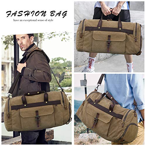 Travel Duffel Bag Waterproof Duffle Bags for Men Oversized Genuine Leather Carryon Weekend bag Canvas Overnight Bag Brown