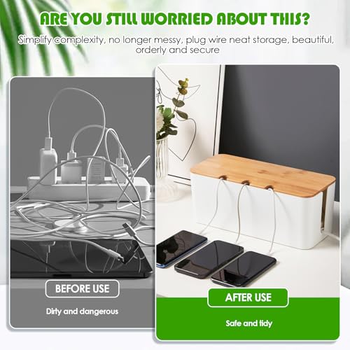 Kabelbox, Kabelmanagement Box, Kabel Organizer Box mit Holzdeckel, Große, Mittelgroß und Kleine Kabelmanagement Box Adapter, Steckerleisten, Kabel Verstecken Box Weiß (L=40.7 * 15.7 * 13.4cm)
