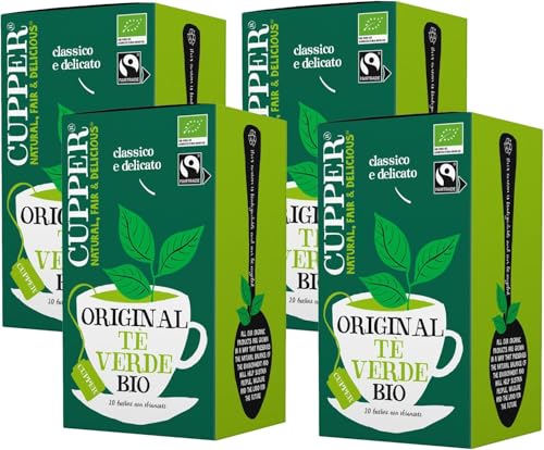 CUPPER Tè Verde Biologico Fairtrade, Gusto Delicato e Raffinato, Tè Verde da Agricoltura Biologica, Filtri 100% Biodegradabili, 4 Confezioni da 20 bustine di tè, Totale 80 bustine