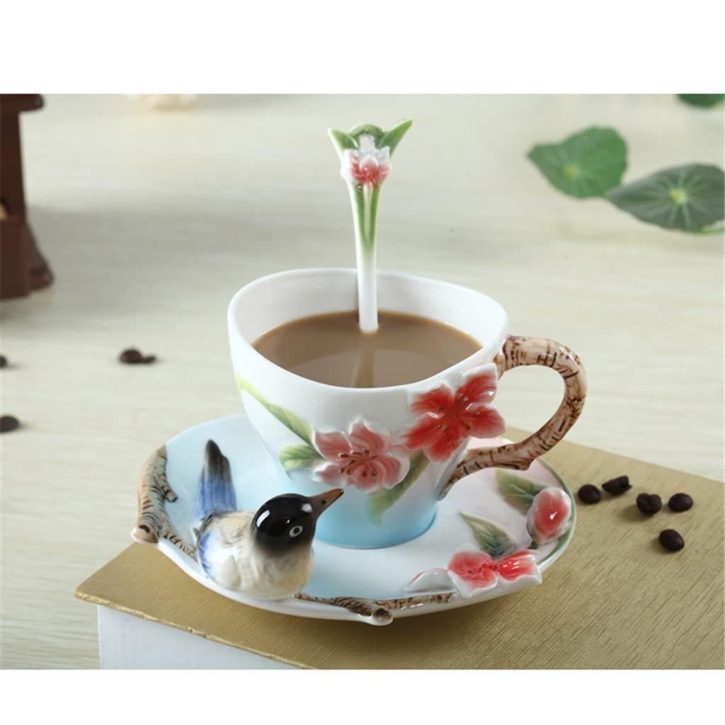 Tazza da caffè Set Tazza da caffè con piattino in Ceramica Smaltata Dipinta a Mano per tè pomeridiano Set da tè per Ragazza Tazza a Cuore (A Come da Esposizione)