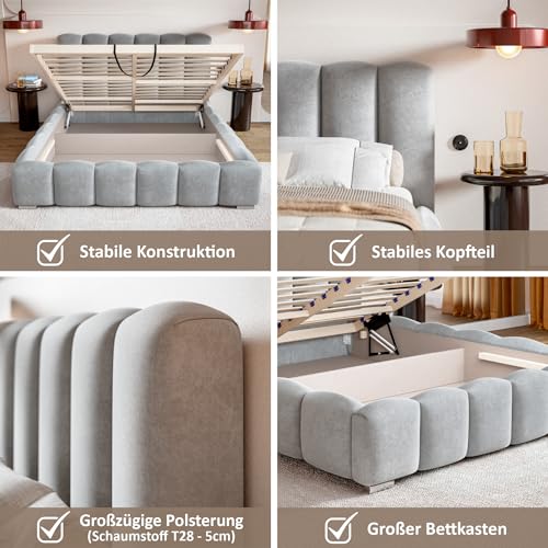 Grand Bubble Bett 180x200 Beige Samt, mit Stauraum, mit Kopfteil, mit Lattenrost, mit Füßen, mit Matratze H2/H3, Bubble Polsterbett 180x200 mit Bettkasten Beige (Creme) – Bild 5