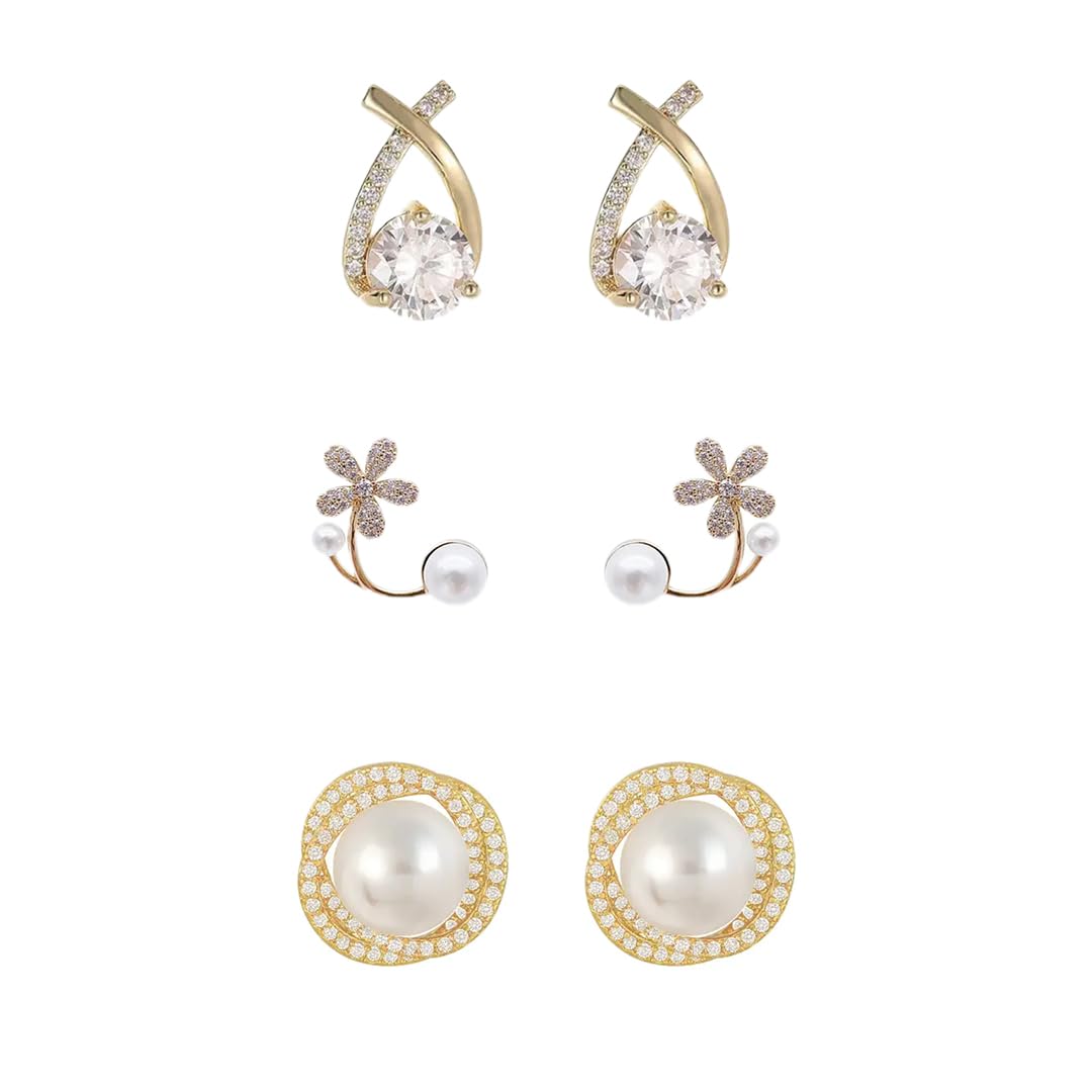 Set Of 3 Alloy Pearlfect Daisy Floral Cross Minimal Earring Studs | Earring For Womens And Girls | Elegance For Every Occasion-image-24