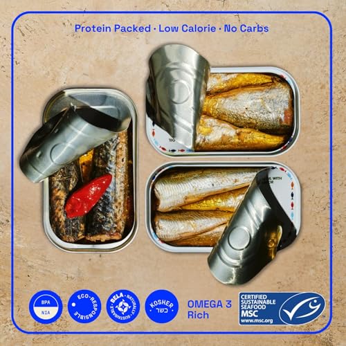 Image of BELA Wild Caught Portuguese Sardines Variety Pack - (2) Tins Each of Piri Piri, Lemon, & Smoke Flavor | 4.25 Oz (Pack of 6) | High Protein, Hand Selected, Naturally Caught, Sea Salted, & Omega 3 Rich