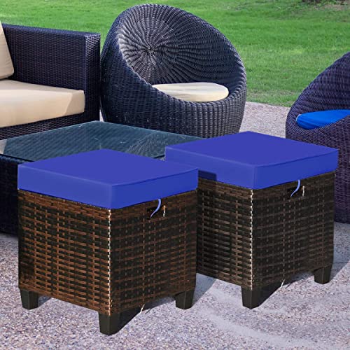 Tangkula 2 Pieces Outdoor Patio Ottoman, All Weather Rattan Wicker Ottoman Seat, Patio Rattan Furniture, Outdoor Footstool Footrest Seat W/ Removable Cushions (Navy Blue) #TOP4