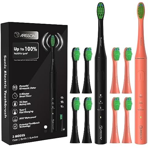 ARISSON Sonic Electric Toothbrush for Adults and Kids with 4 Brush Heads, Type C Fast Charging, Denture Toothbrush, Denture Cleaning Brush, Peach Orange + Midnight Black Cover