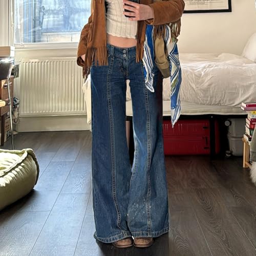 Low Rise Flare Jeans for Women Y2k Vintage 90s Bell Bottom Denim Pants Seam Front Baggy Jean Trousers with Pockets2