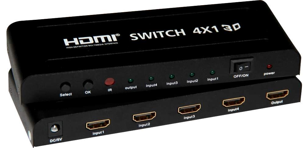 PremiumCord HDMI przełącznik 4:1 z pilotem zdalnego sterowania i zasilaczem sieciowym, metalowa obudowa, przełącznik ze statusem LED, rozdzielczość wideo Full HD 1080p 60Hz, 3D, HDCP, kolor czarny