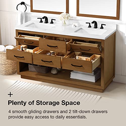 Ove Decors Double Undermount Sink Bathroom Vanity With Cultured Marble Countertop, Pre-Assembled | Backsplash Included | 06 Drawers And Open Shelf, 60 Inches, White #TOP3