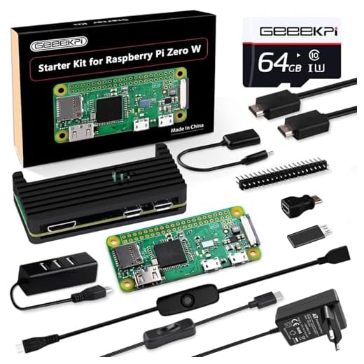 GeeekPi Raspberry Pi Zero W Starter Kit, with RPi Zero W Aluminum Case, 64GB SD Card, Power Adapter, 20Pin Header, Micro USB to OTG Adapter, HDMI Cable, HDMI Adapter, Switch Cable and 4 Port USB Hub