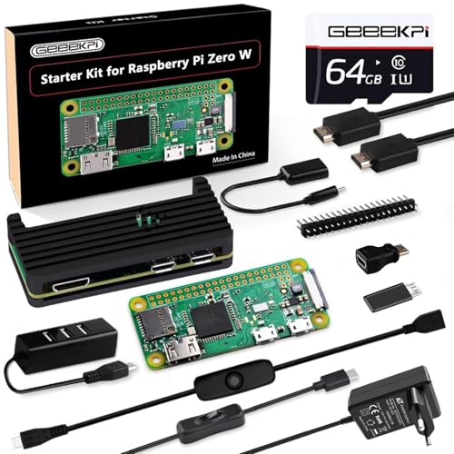 GeeekPi Starter Kit für Raspberry Pi Zero W mit RPi Zero W Aluminum Gehäuse 64GB SD Karte Netzteil 20Pin Header Micro USB to OTG Adapter HDMI Kabel HDMI Adapter Switch Kabel and 4 Port USB Hub