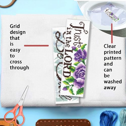 Image of FREEBLOSS 6 Set Cross Stitch Bookmark Kits Purple Rose Pattern Stamped Cross Stitch Kit 11CT Embroidery Kit with Instructions for Beginners 20x6cm /8x2.4inch