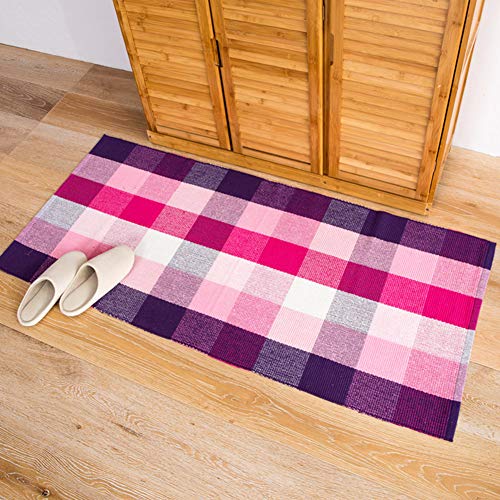 Plaid Cotton Rug, Checkered Doormat Area Rug Porch Mat Washable Throw Rug Runner Washable Carpet-Pink 60X130Cm(24X51Inch) #TOP7