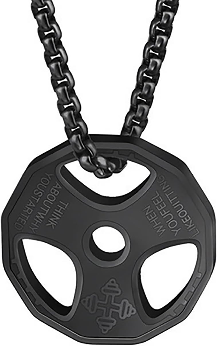 Novalune Dumbbell Necklace Fitness Gym, Weight Plate Barbell Pendant Stainless Steel Workout Necklace For Men Weight Plate Necklace for Savages and Rough Guys Sports Lifters Barbell Chain Jewelry