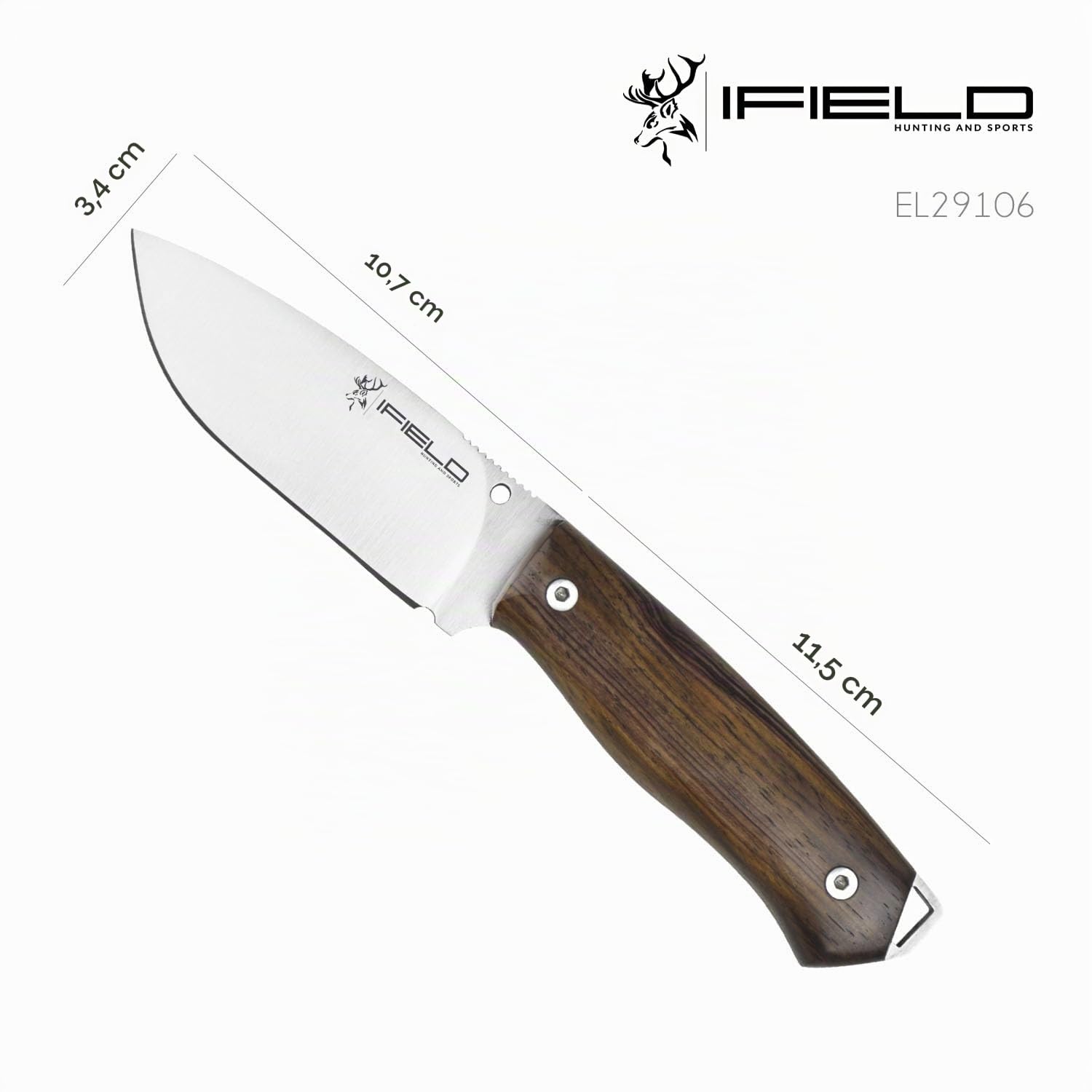 iFIELD EL29106 Multifunzionale escursionismo, caccia e sopravvivenza coltello per l'esterno, manico in legno Cocobolo con acciaio inox MOVA-58, fatto in Albacete (Spagna)