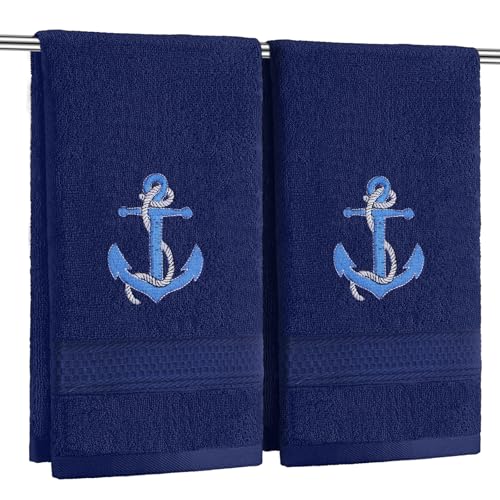 SmoothNovelty 2 Pcs Nautical Anchor Hand Towels Navy Blue Bathroom Decor 14x29 Inch Embroidered 100% Cotton Soft Absorbent Spring Summer Decorative Hand Towels for Bathroom Kitchen