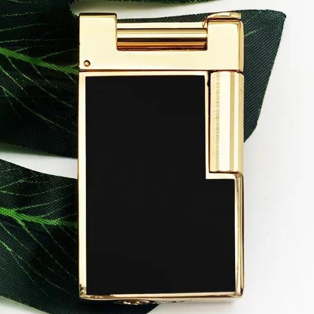 Vintage Metal Butane Lighter, Slanted Flame, Windproof, Adjustable Soft Flame, Refillable, Unique Lighter for Cigars, Candles, Outdoor Camping Hiking (Black Silver)