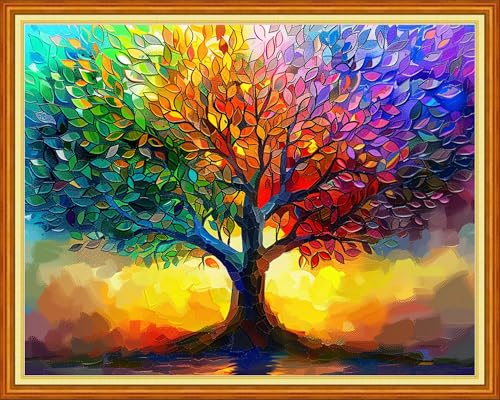 Image of Joyhoor Cross Stitch Kits for Beginners Stamped Cross-Stitch Supplies Needlework preprint Embroidery Kits for Adults DIY Needlepoint Kits Embroidery Patterns 11CT-Colorful Tree 16x20 inchs