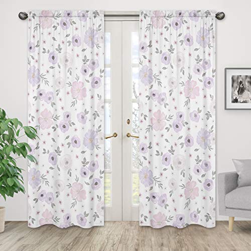 Image of Sweet Jojo Designs Lavender Purple, Pink, Grey and White Window Treatment Panels Curtains for Watercolor Floral Collection - Set of 2 - Rose Flower