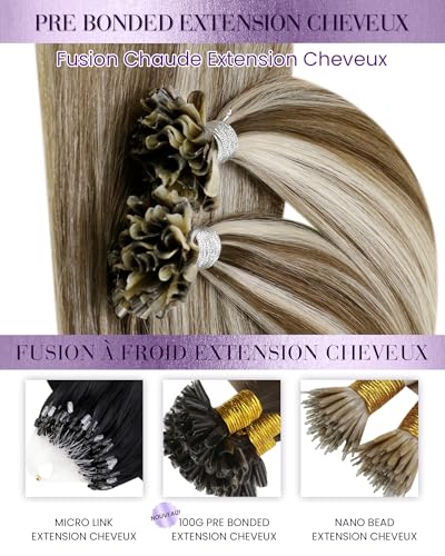 Extension kératine cheveux humain marron highlight platine #P8/24