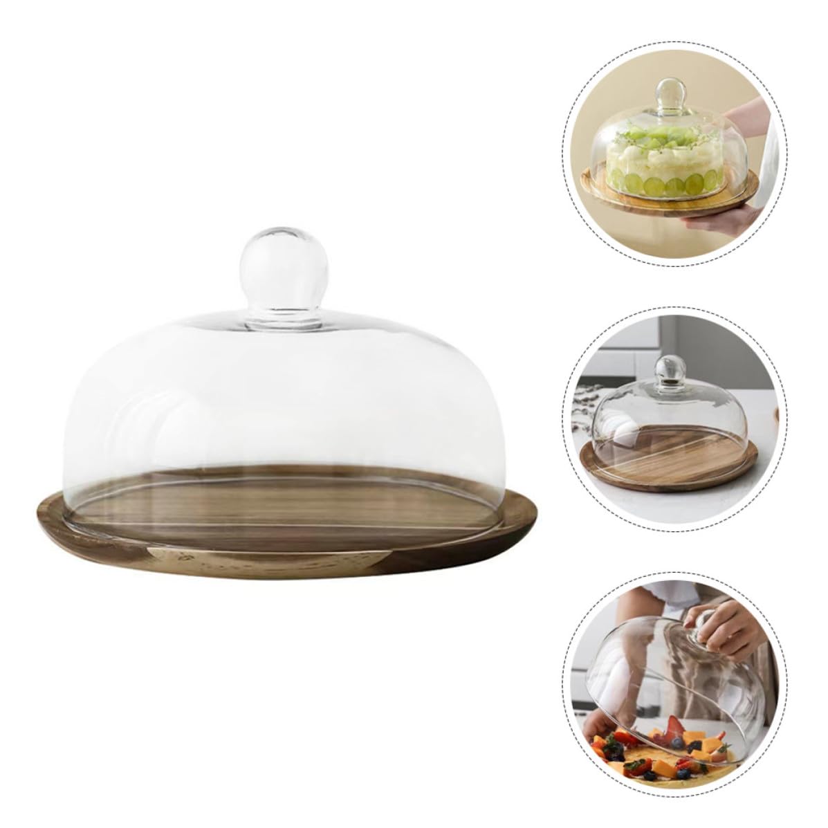Cloche à Gâteau Plateau à Gâteau Dôme, Plateau en Bois et Verre,, pour Cupcakes, Snacks, Fruits, Anniversaire et Fête