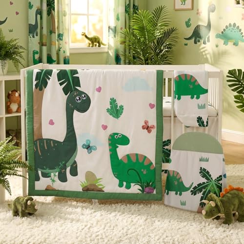 Image of Oudain 4 Piece Dinosaurs Crib Bedding Set Including Green Blue Dinosaurs Crib Skirt, Blanket, Sheet and Diaper Stacker, Soft Nursery Standard Size Baby Bedding for Baby Girls and Boys