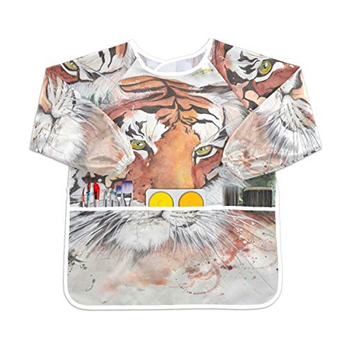 抽象タイガーアート幼児用キッズスモック子供用防水エプロンアートペインティングスモックよだれかけ3ポケット付き