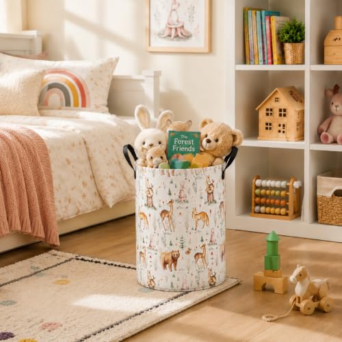Image of MAIZMZ Woodland Animal Storage Bin, Waterproof Lining Laundry Basket with Leather Handles for Kids Room, Gifts