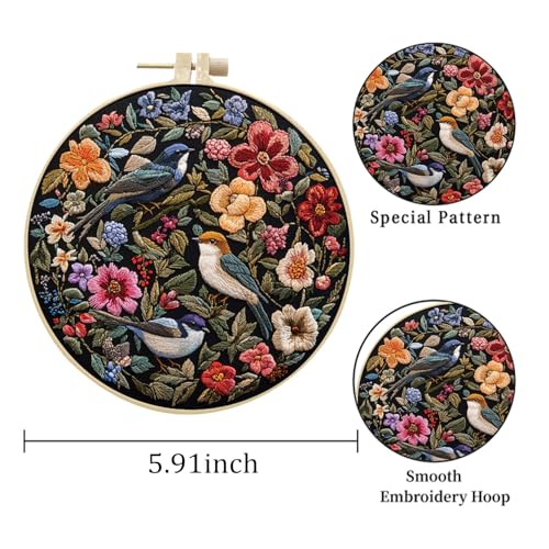 Image of LB Red Floral Embroidery Kit for Beginners Adults, 3 Sets Hand Embroidery Starter Kit with Cute Bird Pattern and Instructions Stamped Cross Stitch Kits Include Embroidery Hoop Needles Threads Scissors