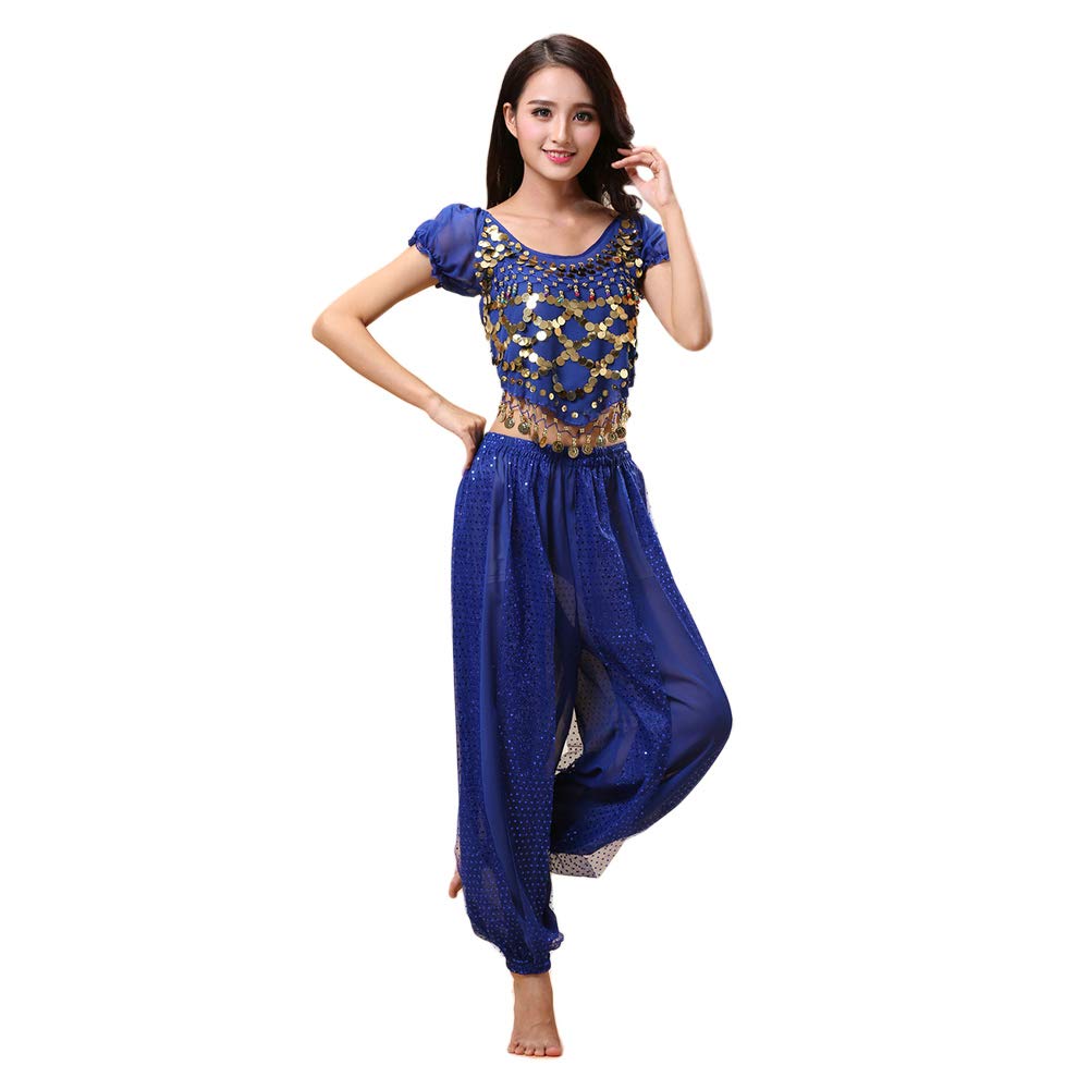 Kewing Women's Royal Blue Belly Dance Costume Set - Dancing Top + Lantern Pants Professional Carnival Dancer Outfit Suit