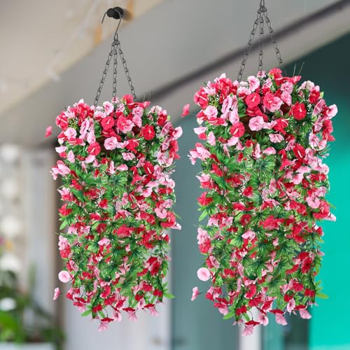 Hotop 2 Set Artificial Hanging Flower Basket and 6 Pcs Bougainvillea Silk Vine Flower for Outdoor Indoor UV Resistant Faux Hanging Plant Coconut Lining Planter Pot(Rose Red, Pink)